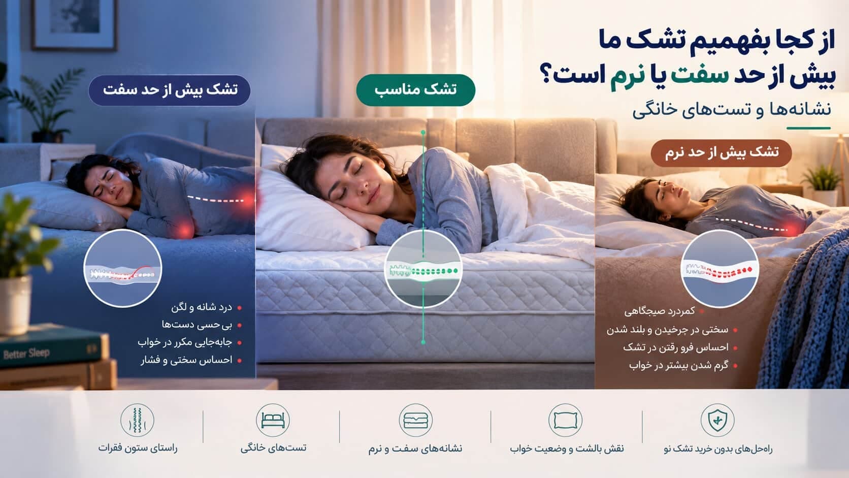 از کجا بفهمیم تشک ما بیش از حد سفت یا نرم است؟ نشانه‌ها و تست‌های خانگی
